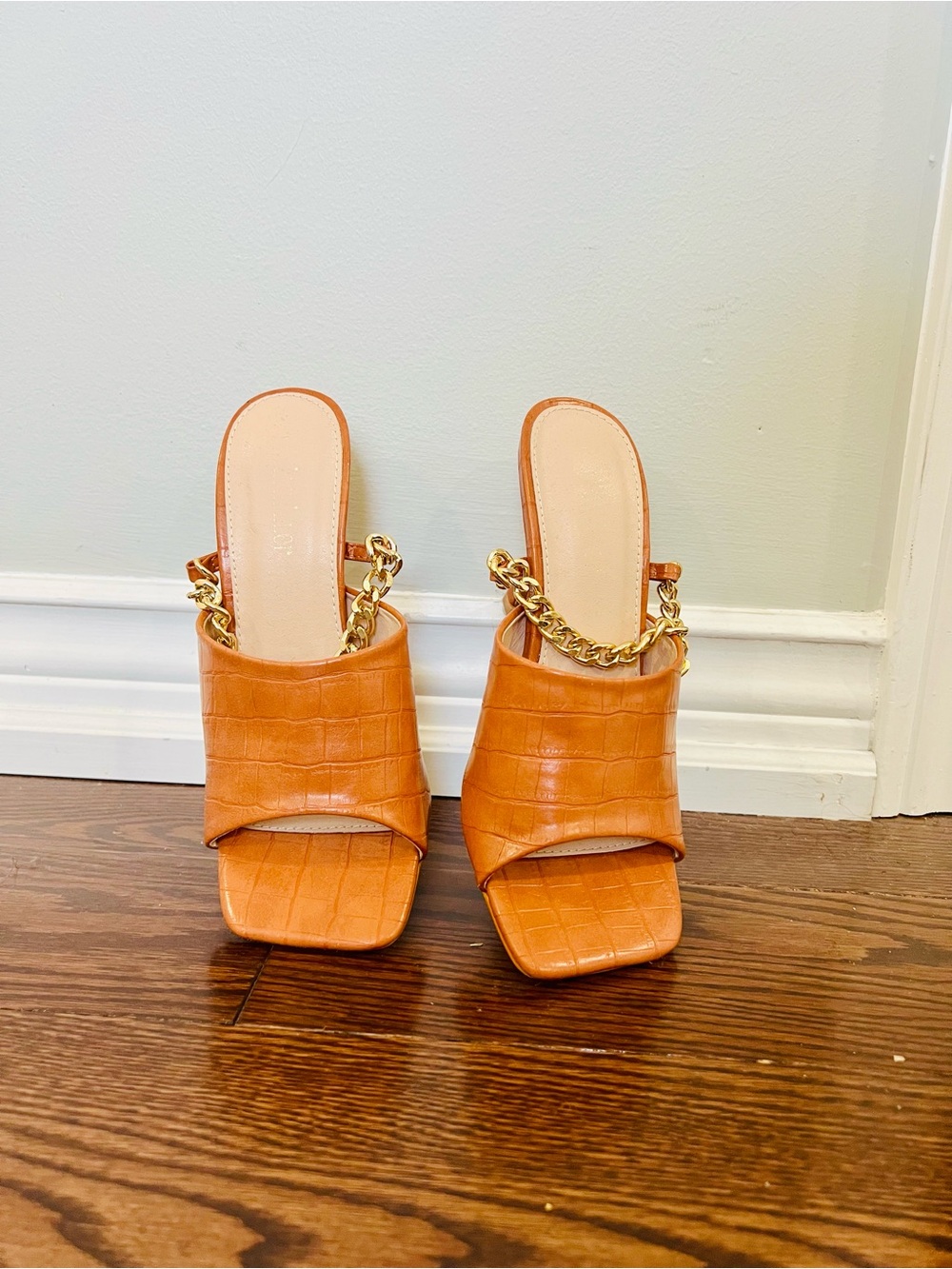 Chain-Accent Slide Mules in Cognac Croc